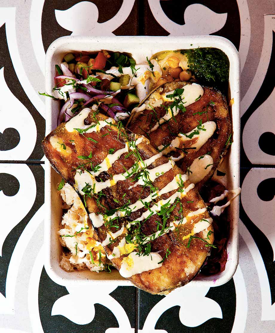 Sabich on floor tile